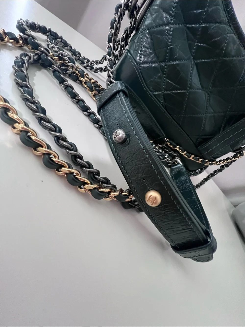CHANEL Gabrielle Green Quilted Lambskin Chain Strap Crossbody with Gold CC Charm